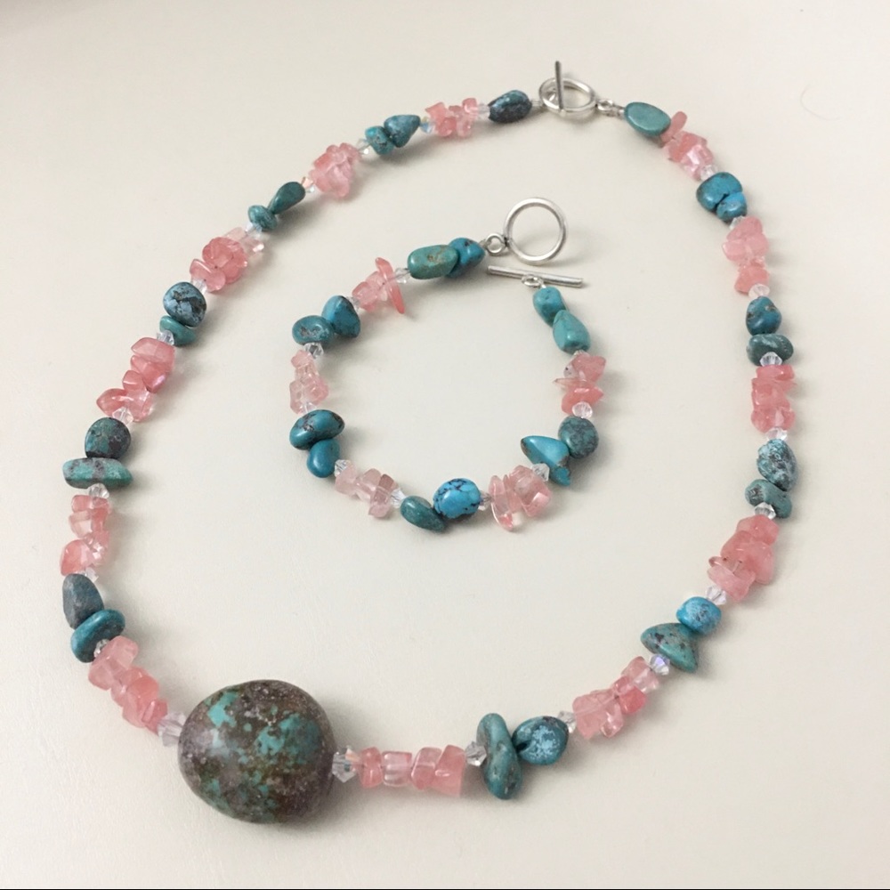 Cherry Quartz and Turquoise Necklace Bracelet Set